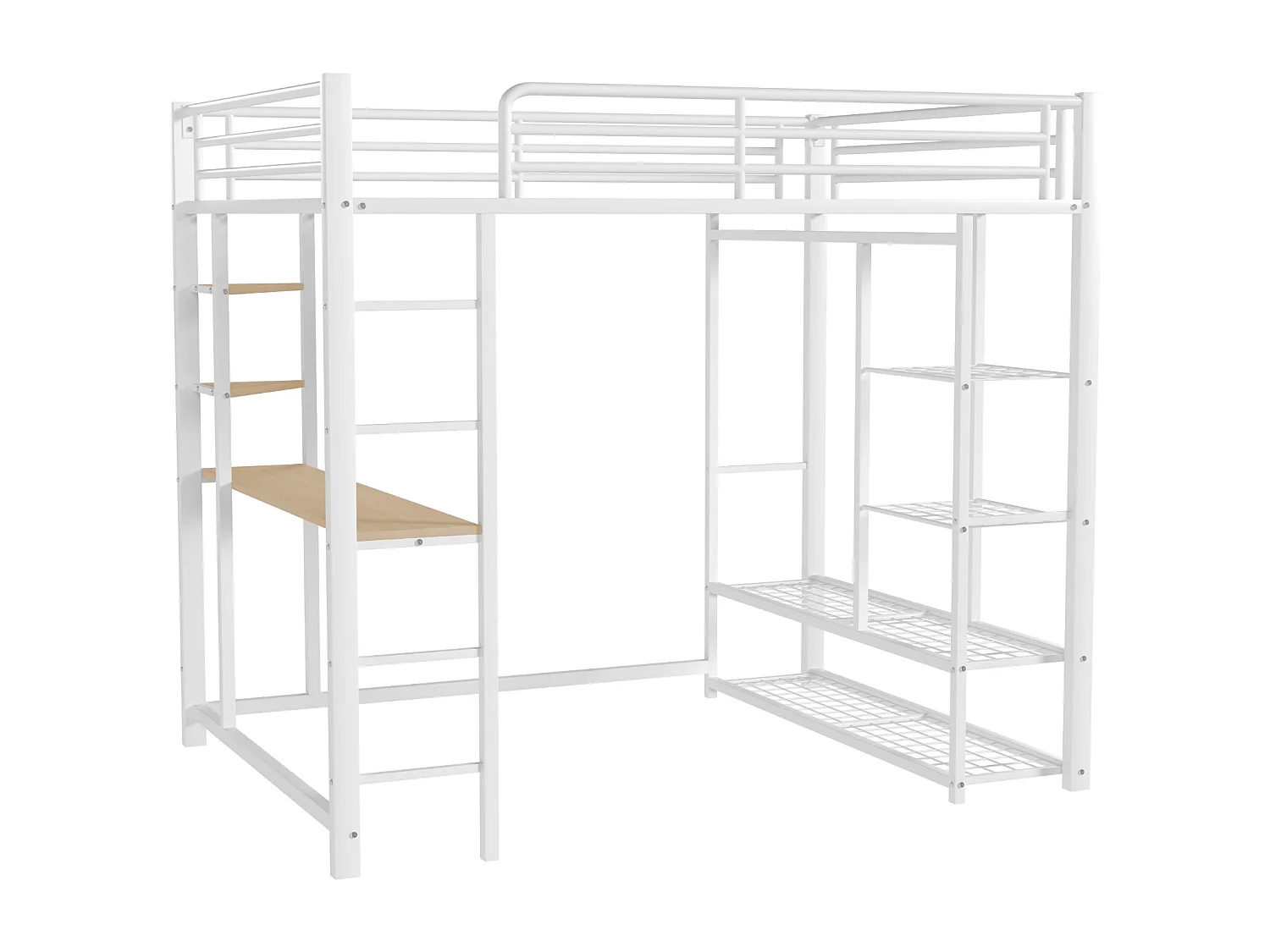 Lit mezzanine lit en fer/ lit en métal 90*200cm lit simple enfant avec compartiment de rangement table et sommier à lattes, blanc