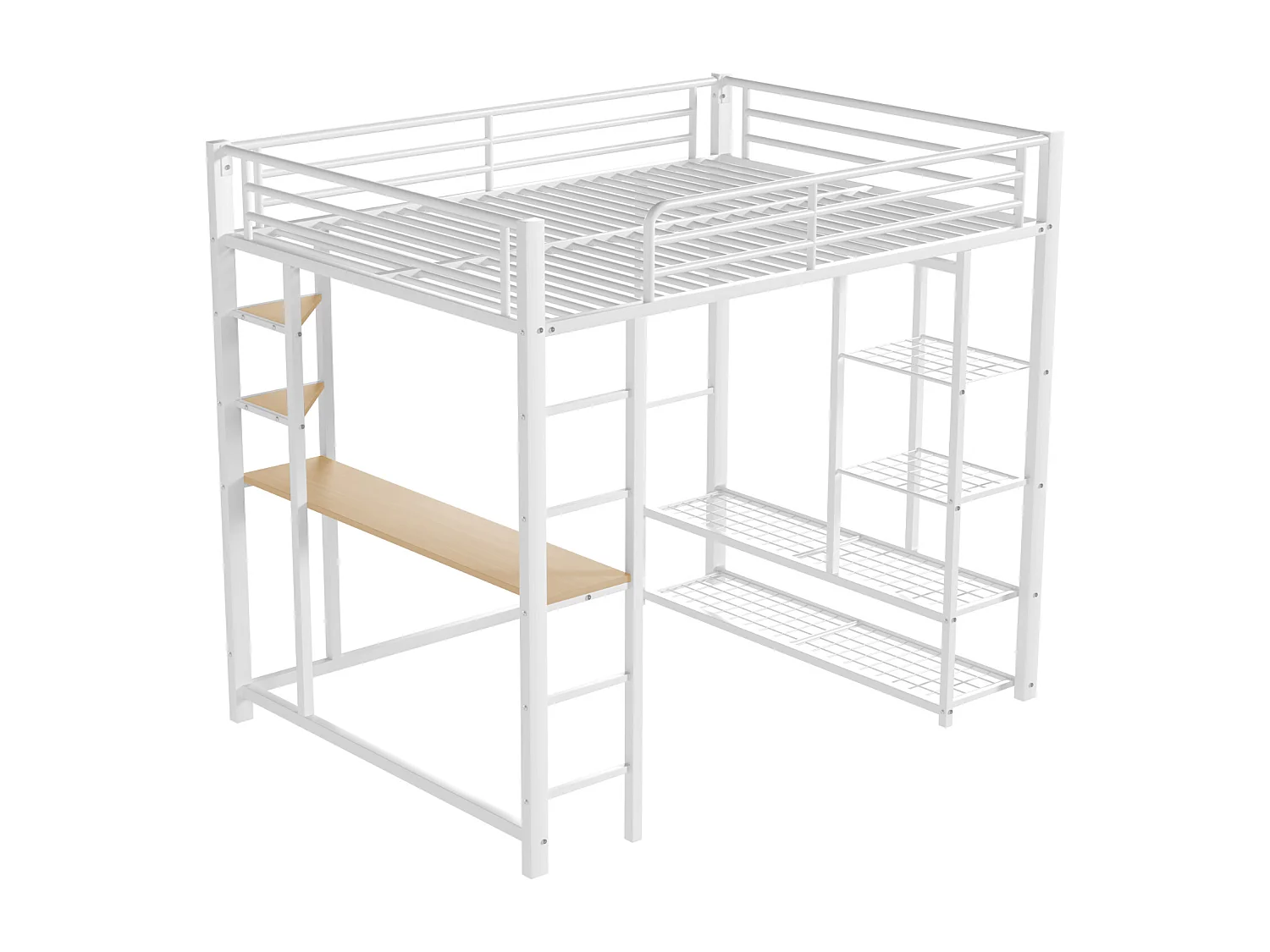 Lit mezzanine lit en fer/ lit en métal 90*200cm lit simple enfant avec compartiment de rangement table et sommier à lattes, blanc