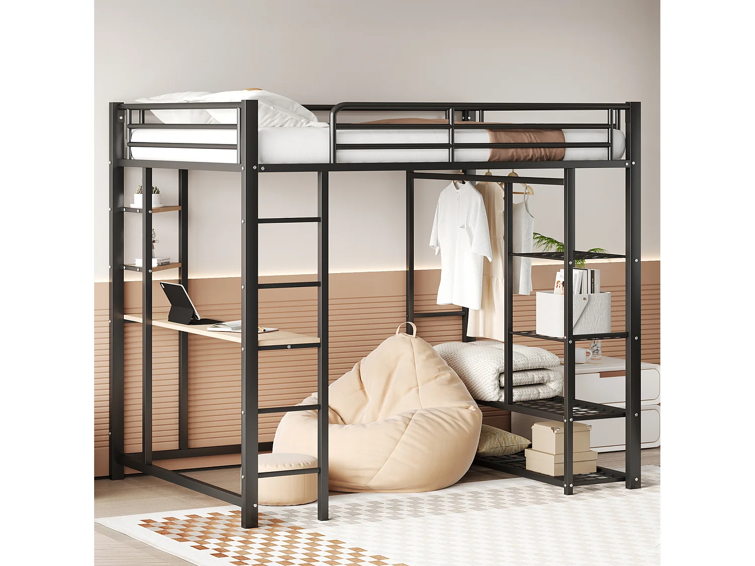 Lit mezzanine lit en fer/ lit en métal 140*200cm lit simple enfant avec compartiment de rangement table et sommier à lattes, noir