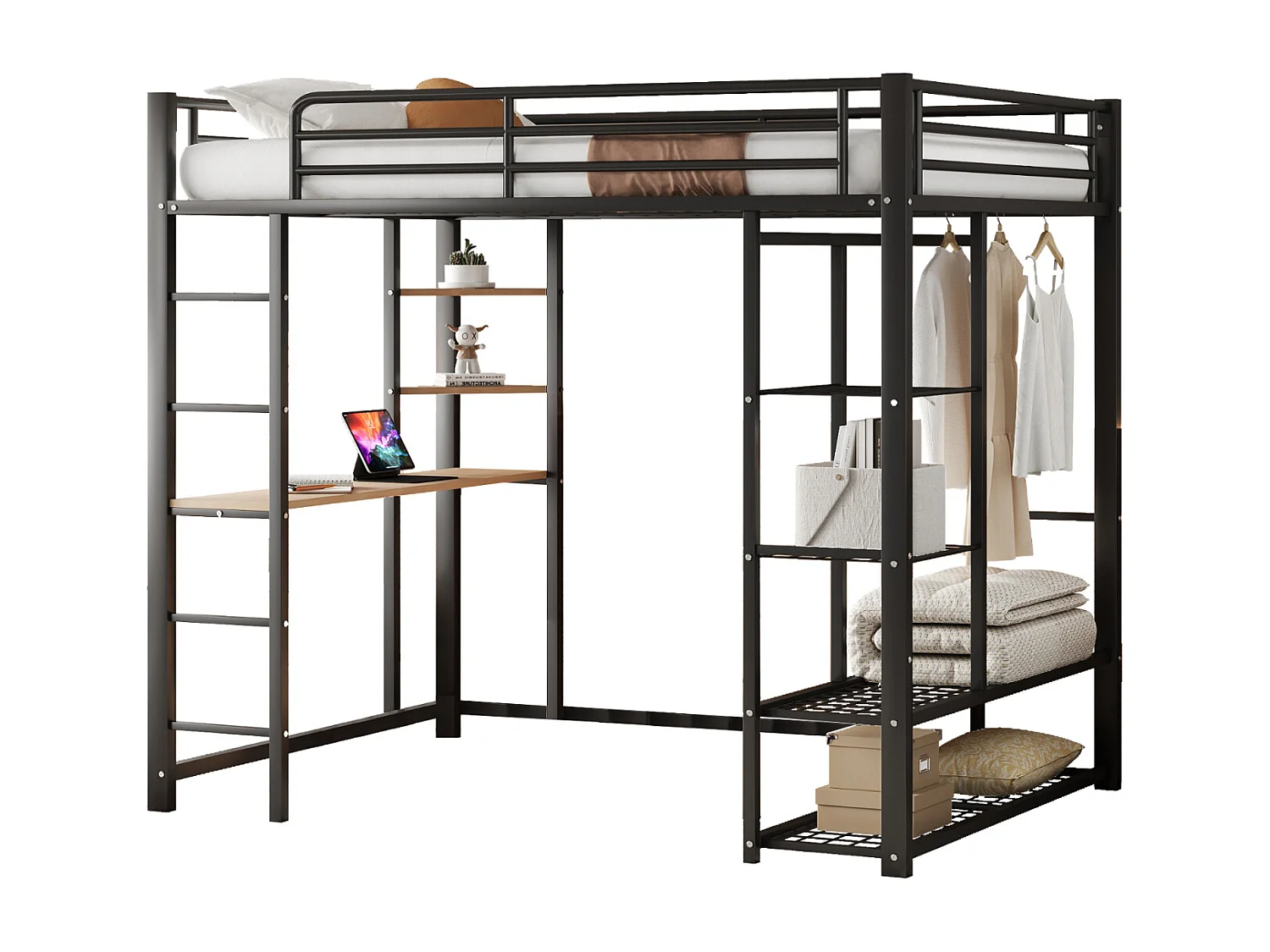 Lit mezzanine lit en fer/ lit en métal 140*200cm lit simple enfant avec compartiment de rangement table et sommier à lattes, noir