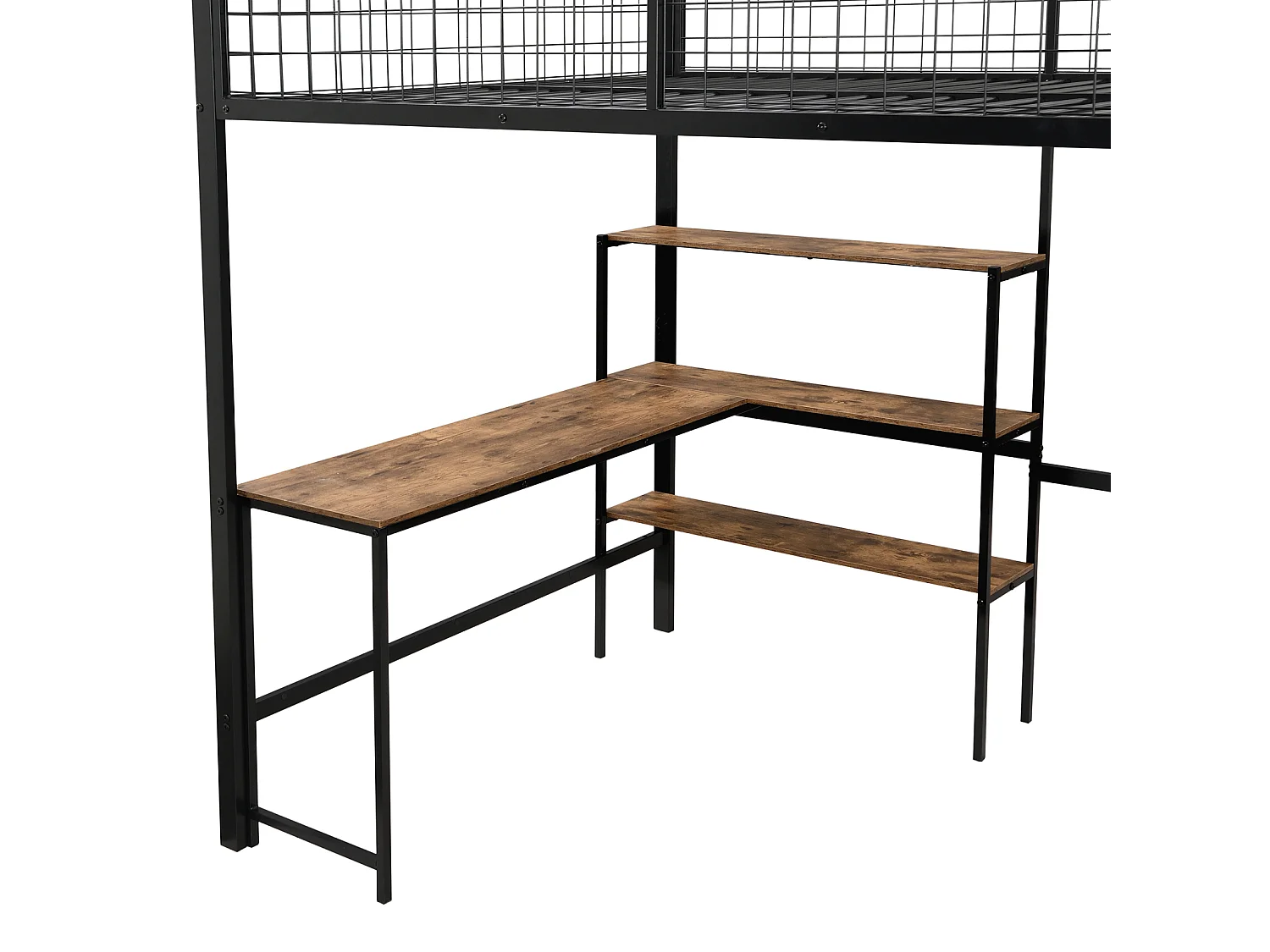 Cama entrepiso 90x200cm, estructura de hierro, con escritorio en L, varios estantes, escalera y armario integrado, negro