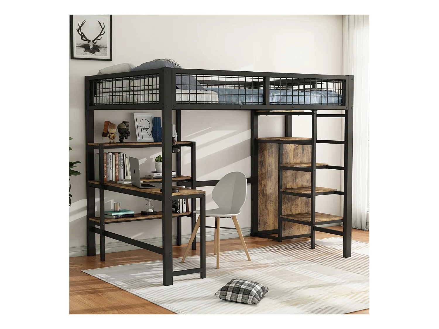 Lit mezzanine 90x200cm, cadre en fer, avec sous plateau bureau L, plusieurs étagères, escaliers et armoire intégrée, noir