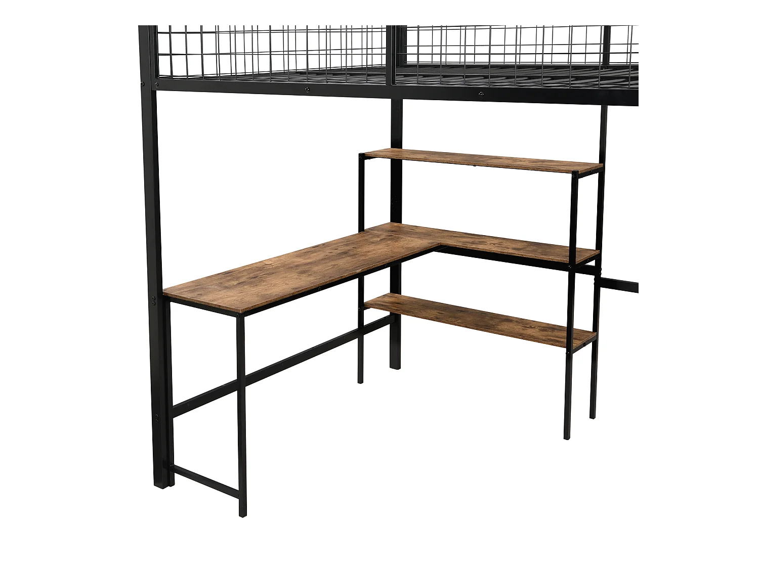 Lit mezzanine 90x200cm, cadre en fer, avec sous plateau bureau L, plusieurs étagères, escaliers et armoire intégrée, noir
