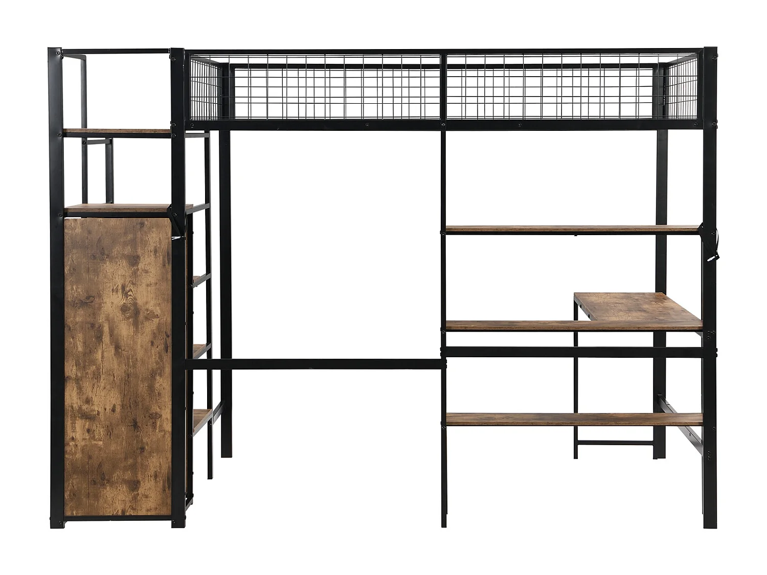 Hoogslaper 90x200cm, ijzeren frame, met L-vormig bureaublad, diverse legplanken, trap en inbouwkast, zwart
