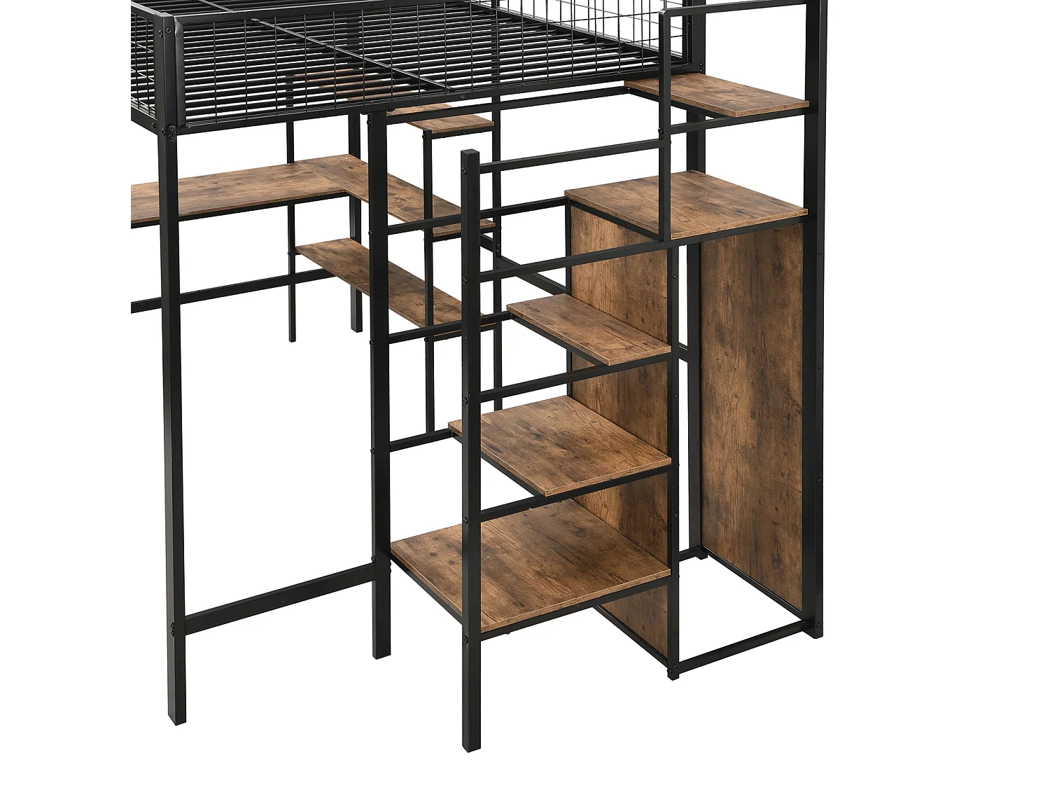 Hoogslaper 90x200cm, ijzeren frame, met L-vormig bureaublad, diverse legplanken, trap en inbouwkast, zwart