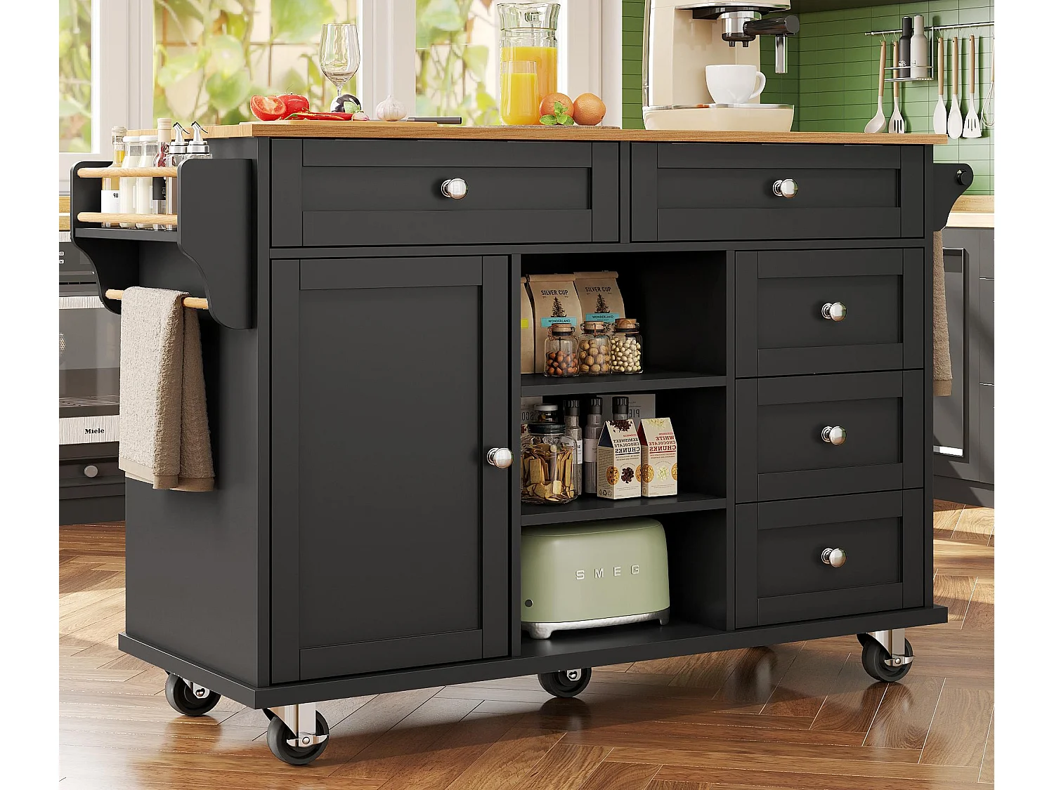 Isola centrale di cucina mobile - 5 cassetti e 5 compartimenti - MDF - Nero