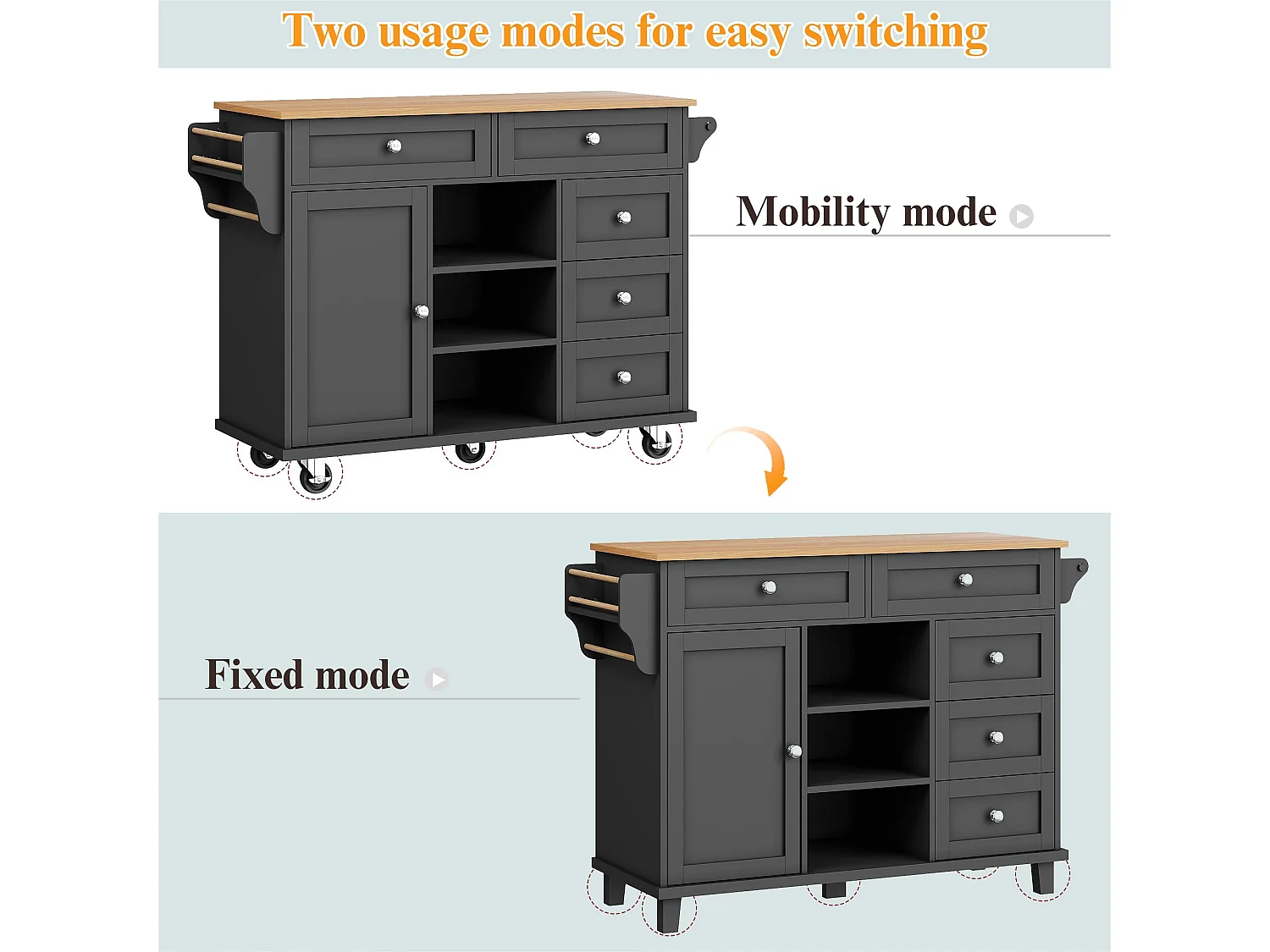 Isola centrale di cucina mobile - 5 cassetti e 5 compartimenti - MDF - Nero
