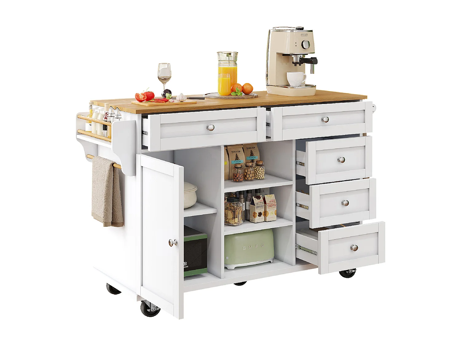 Ilha central de cozinha móvel - 5 gavetas e 5 compartimentos - MDF - Branco