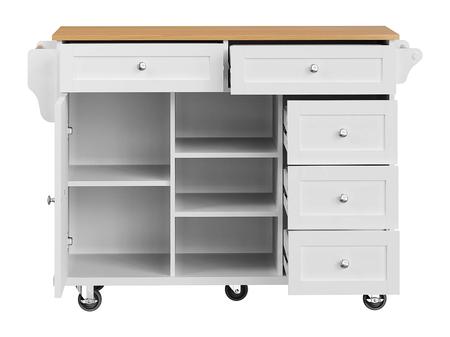 Ilot central de cuisine mobile - 5 tiroirs et 5 compartiments - MDF - Blanc