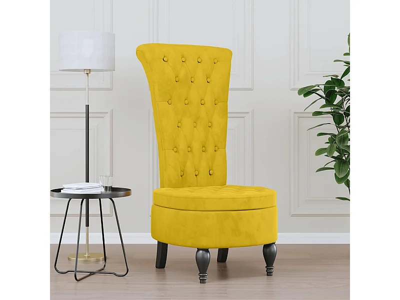 Cadeirão com encosto alto veludo amarelo design de botões