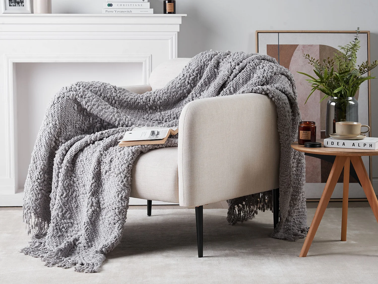 Decke Baumwolle gestrickt grau mit Quasten 150 x 200 cm Kuscheldecke Vella