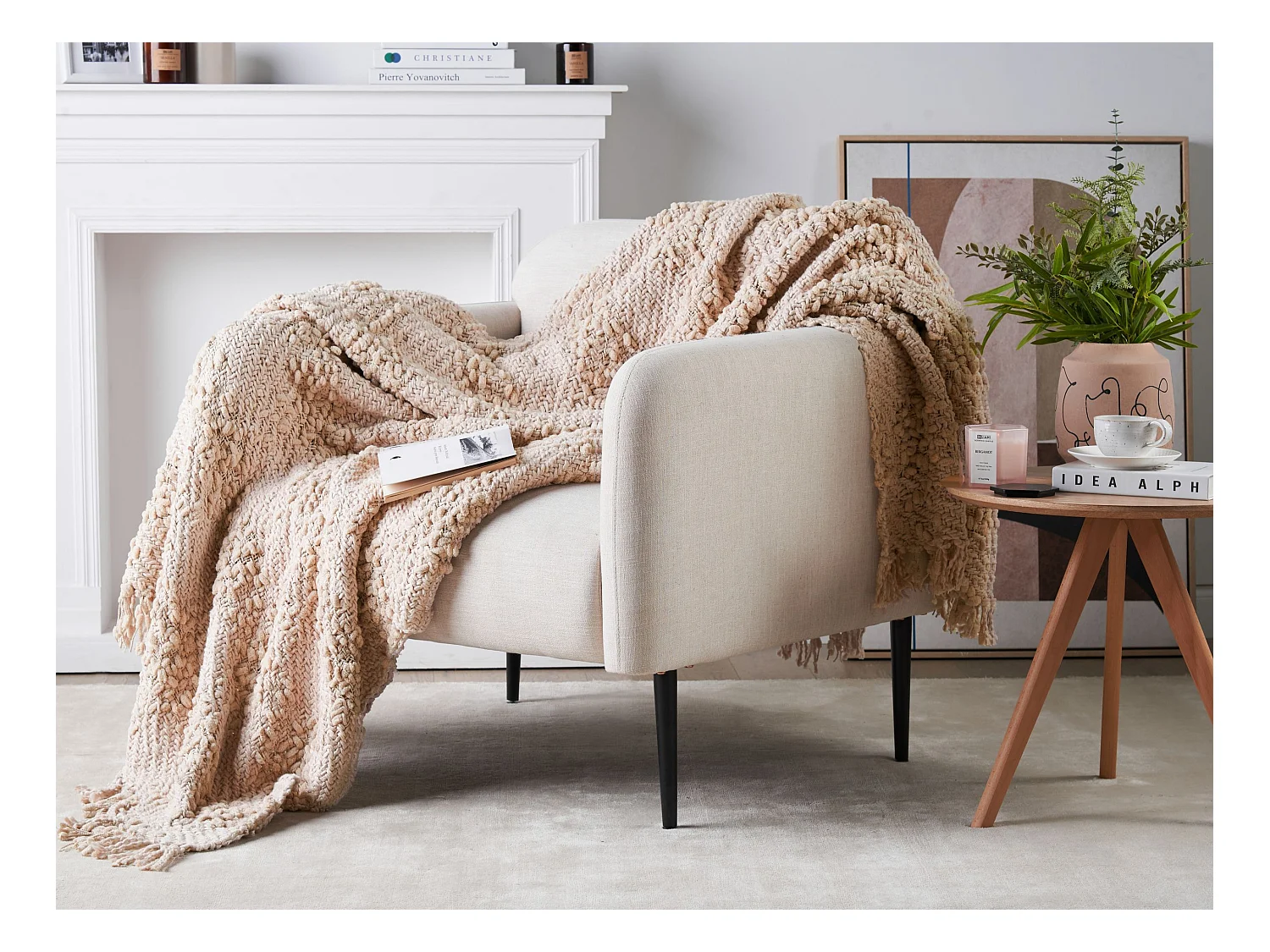 Decke Baumwolle gestrickt hellbeige mit Quasten 150 x 200 cm Kuscheldecke Vella