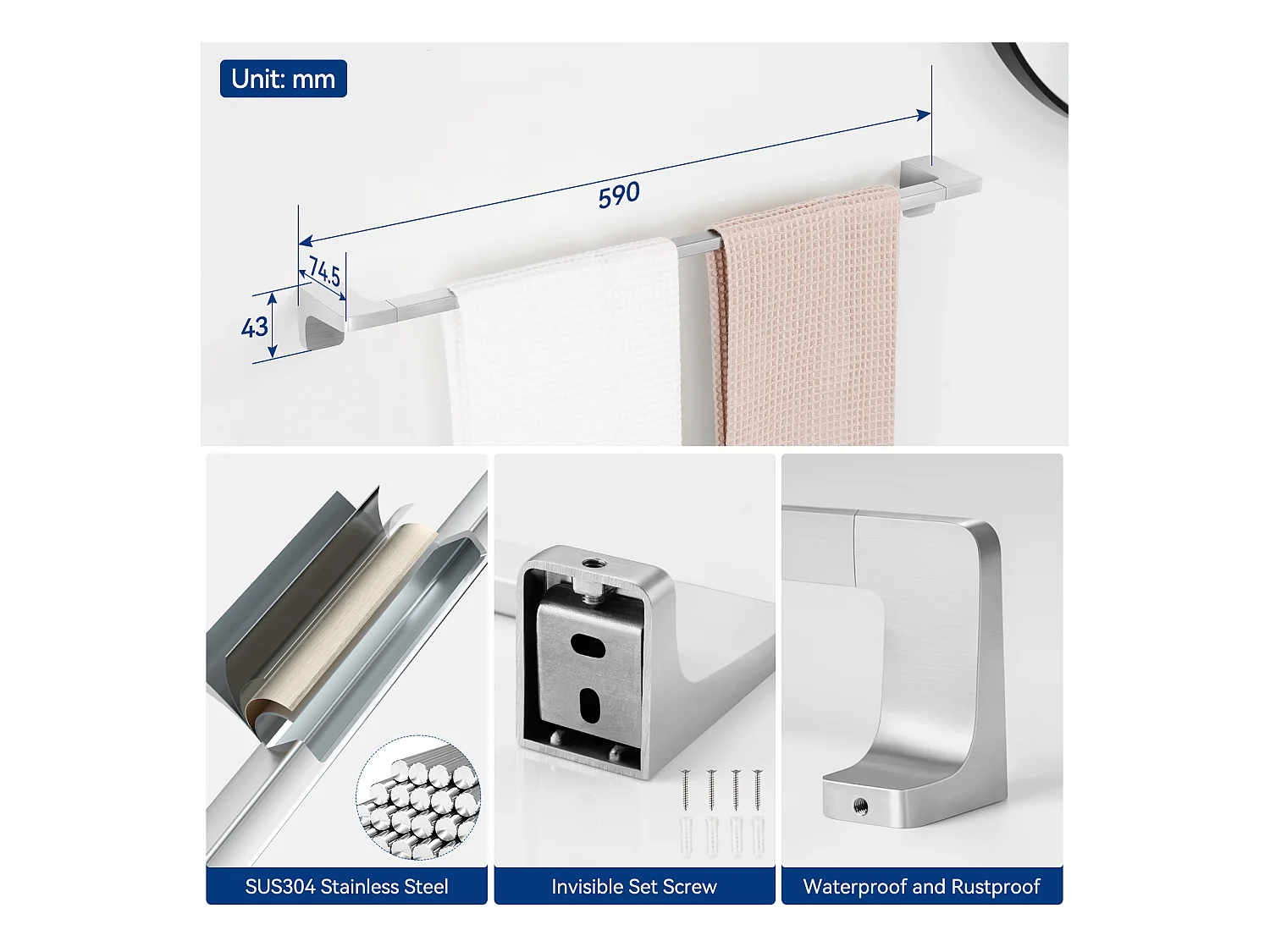 Cecipa max Porte-serviettes Multifonctionnel 59CM Peut accrocher 2 Serviettes,  Porte-serviettes en Acier Inoxydable 304, Brossé