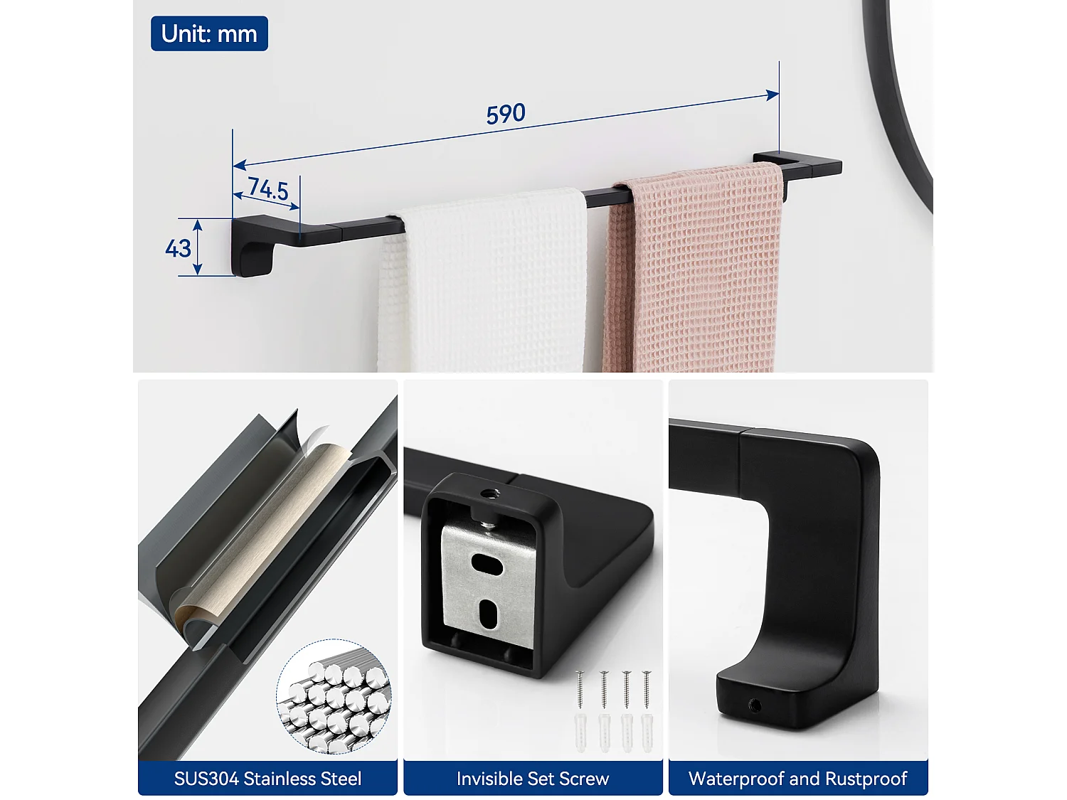 Cecipa max Porte-serviettes Multifonctionnel 59CM Peut accrocher 2 Serviettes,  Porte-serviettes en Acier Inoxydable 304, Noir