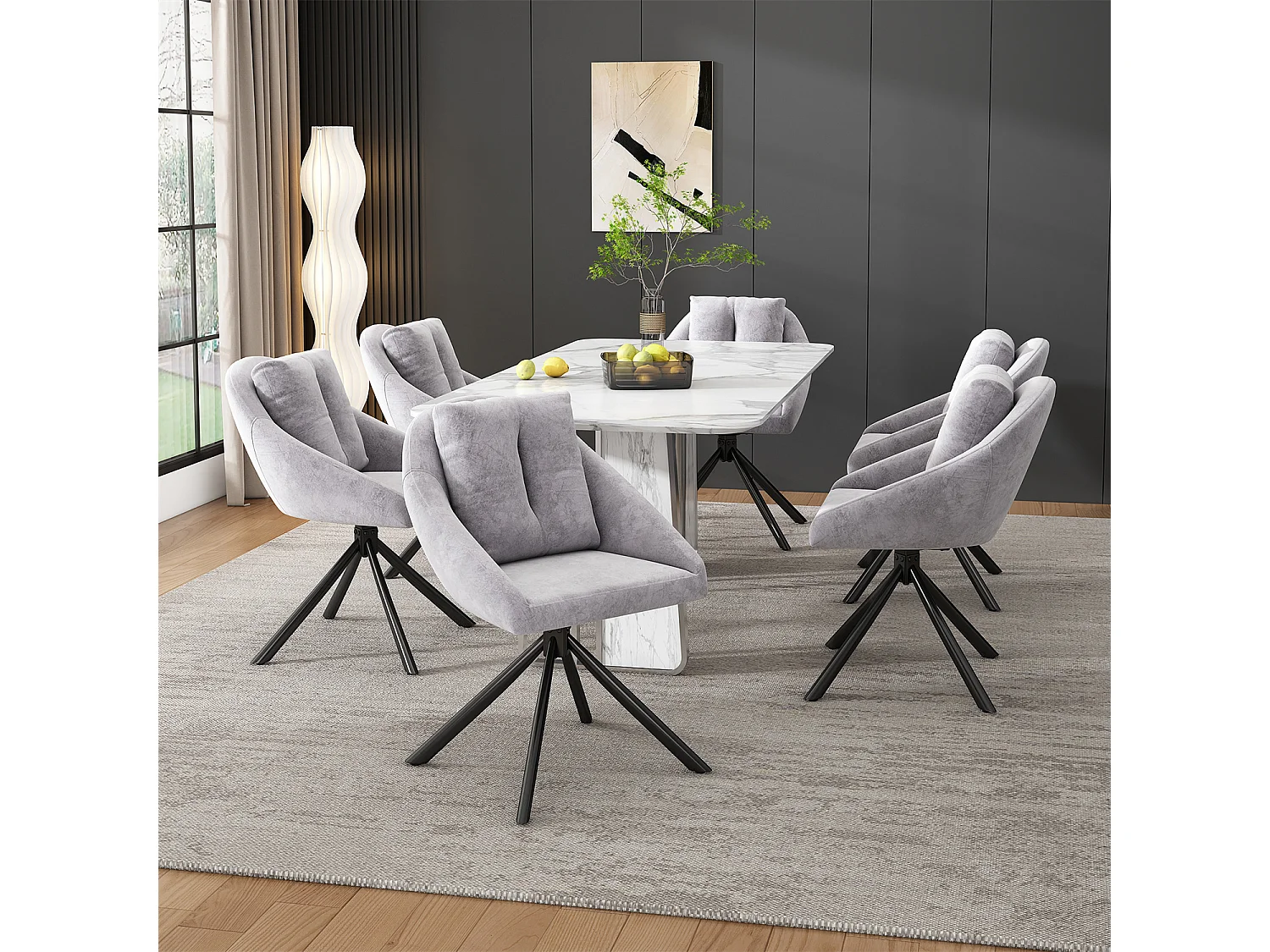 Chaise de salle à manger，chaise en velours，chaise rembourrée，swivel chair,tissu de velours respirant,design ergonomique,6 pièces,gris
