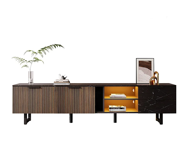 Banc TV avec deux portes et deux tiroirs, éclairage LED réglable, aspect marbre noir, portes en bois foncé, 200x38x50 cm, Noir et grain de bois