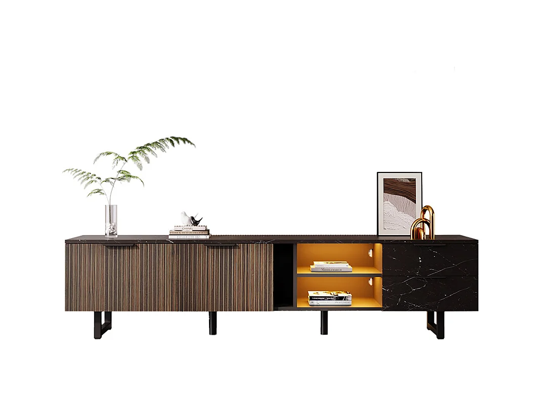 Banc TV avec deux portes et deux tiroirs, éclairage LED réglable, aspect marbre noir, portes en bois foncé, 200x38x50 cm, Noir et grain de bois