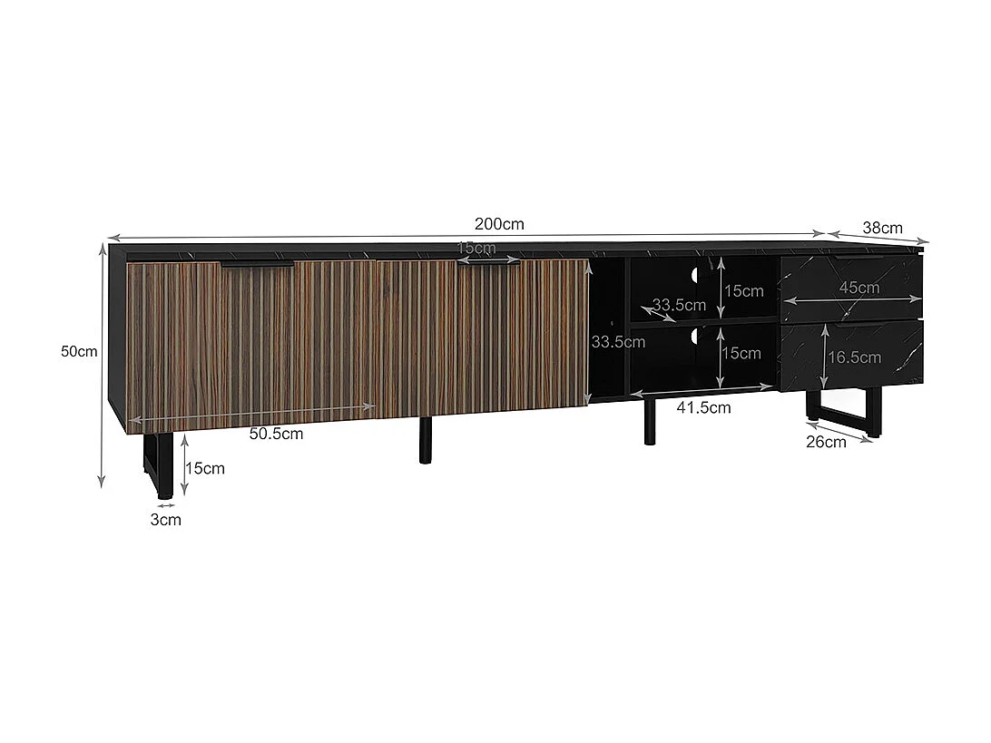 Banc TV avec deux portes et deux tiroirs, éclairage LED réglable, aspect marbre noir, portes en bois foncé, 200x38x50 cm, Noir et grain de bois