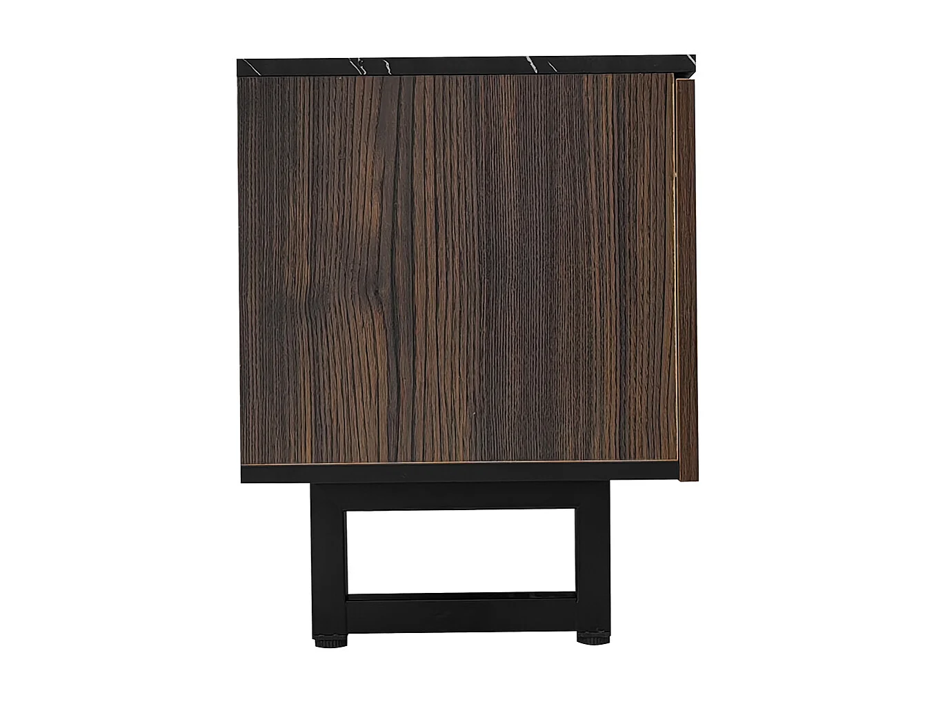 Banc TV avec deux portes et deux tiroirs, éclairage LED réglable, aspect marbre noir, portes en bois foncé, 200x38x50 cm, Noir et grain de bois