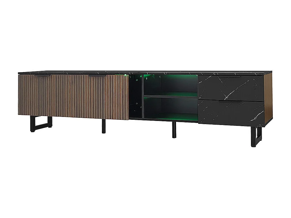 Banc TV avec deux portes et deux tiroirs, éclairage LED réglable, aspect marbre noir, portes en bois foncé, 200x38x50 cm, Noir et grain de bois
