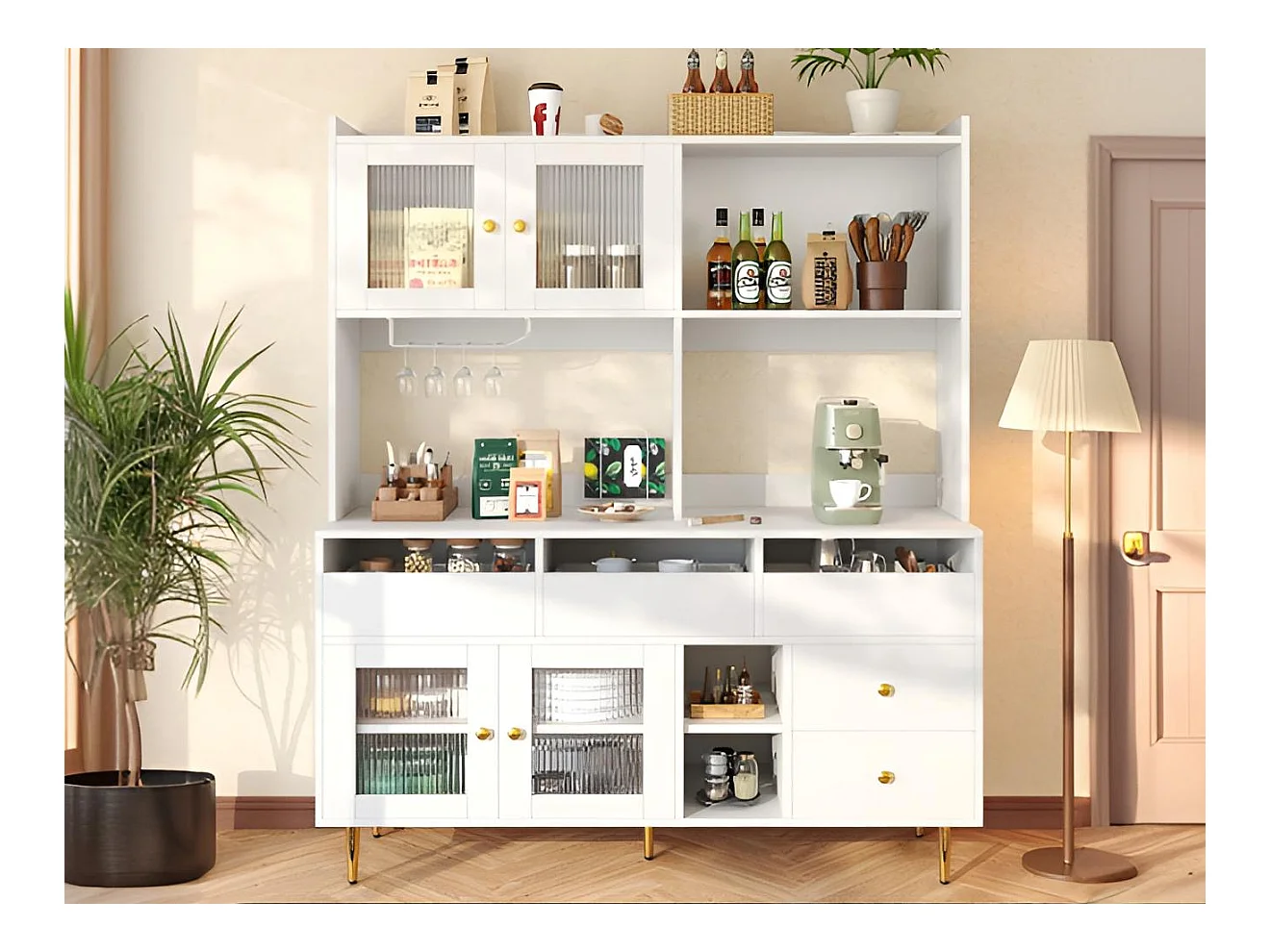 Buffet haut moderne - en MDF - rangement à plusieurs niveaux - Blanc
