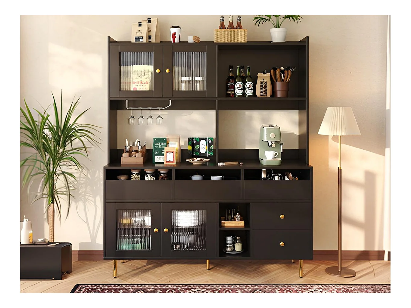 Buffet haut moderne - en MDF - rangement à plusieurs niveaux - Noir
