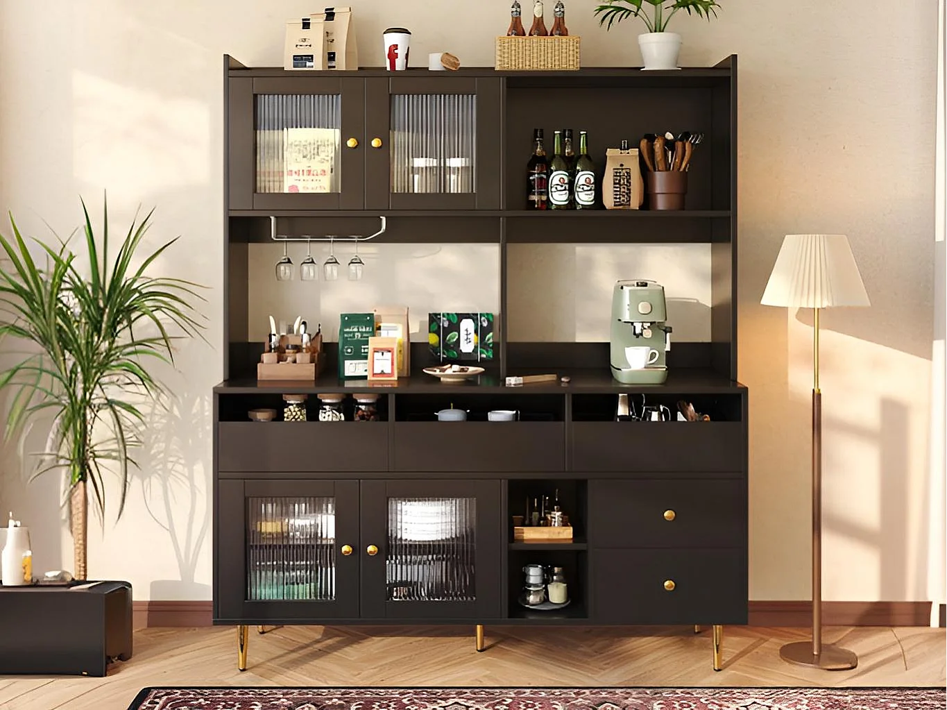 Buffet haut moderne - en MDF - rangement à plusieurs niveaux - Noir