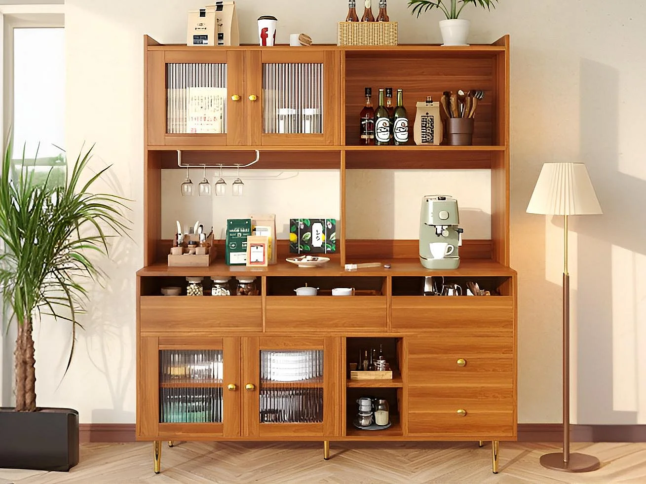 Modern hoog dressoir - MDF - opbergruimte op meerdere niveaus - Bruin