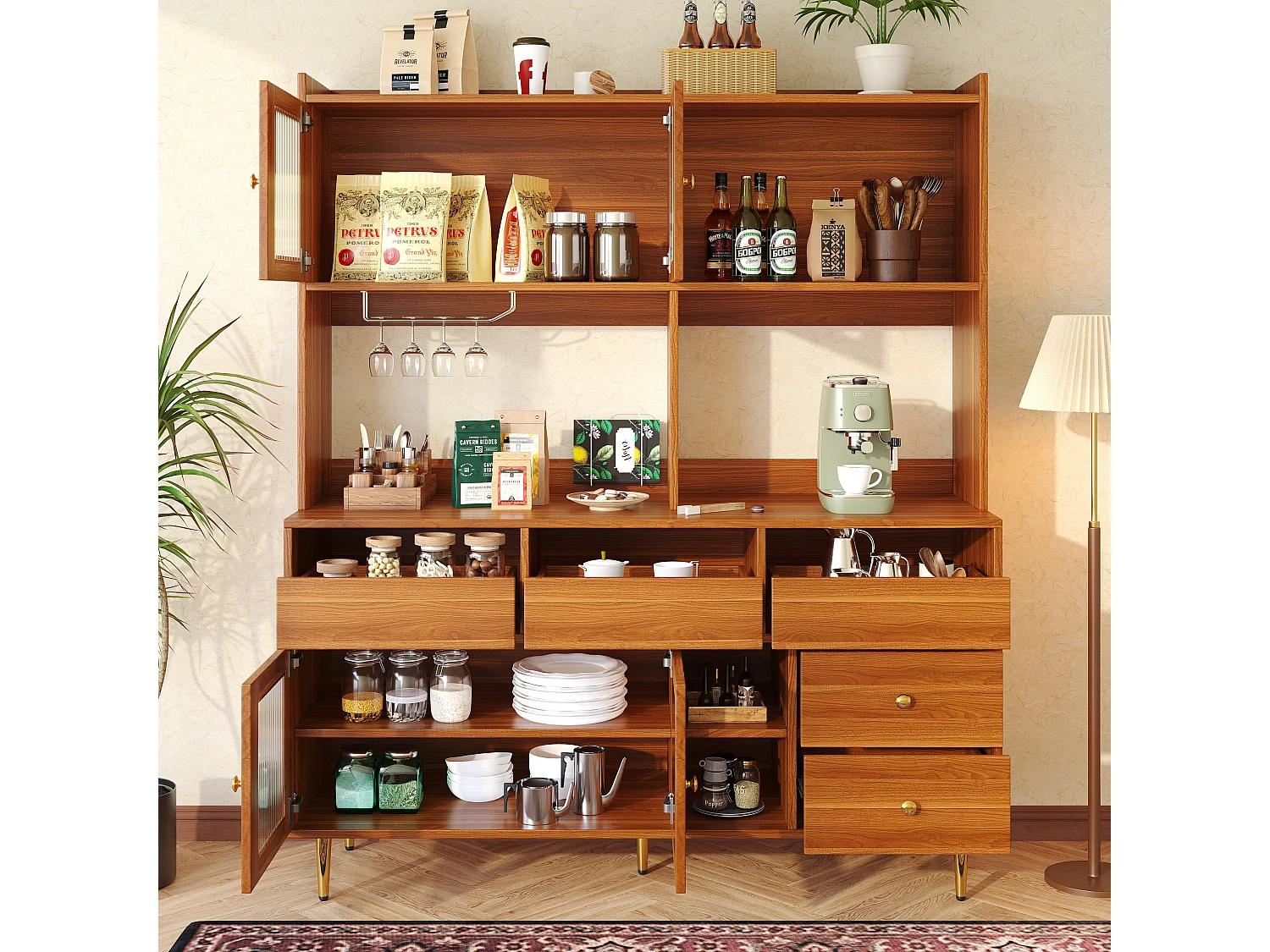 Modern hoog dressoir - MDF - opbergruimte op meerdere niveaus - Bruin