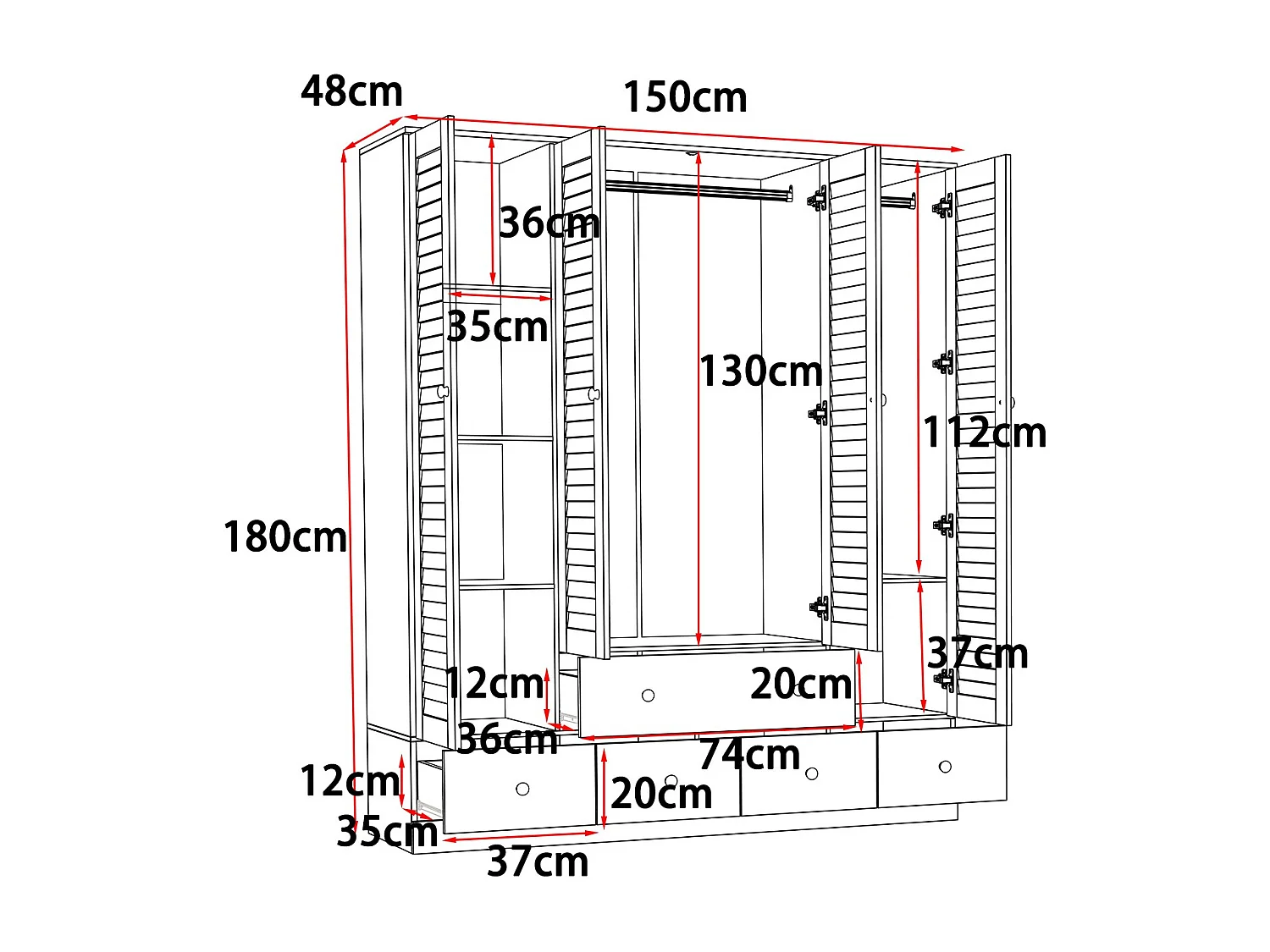 Armoire avec portes et tiroirs Meuble chambre 150x50x180cm Blanc