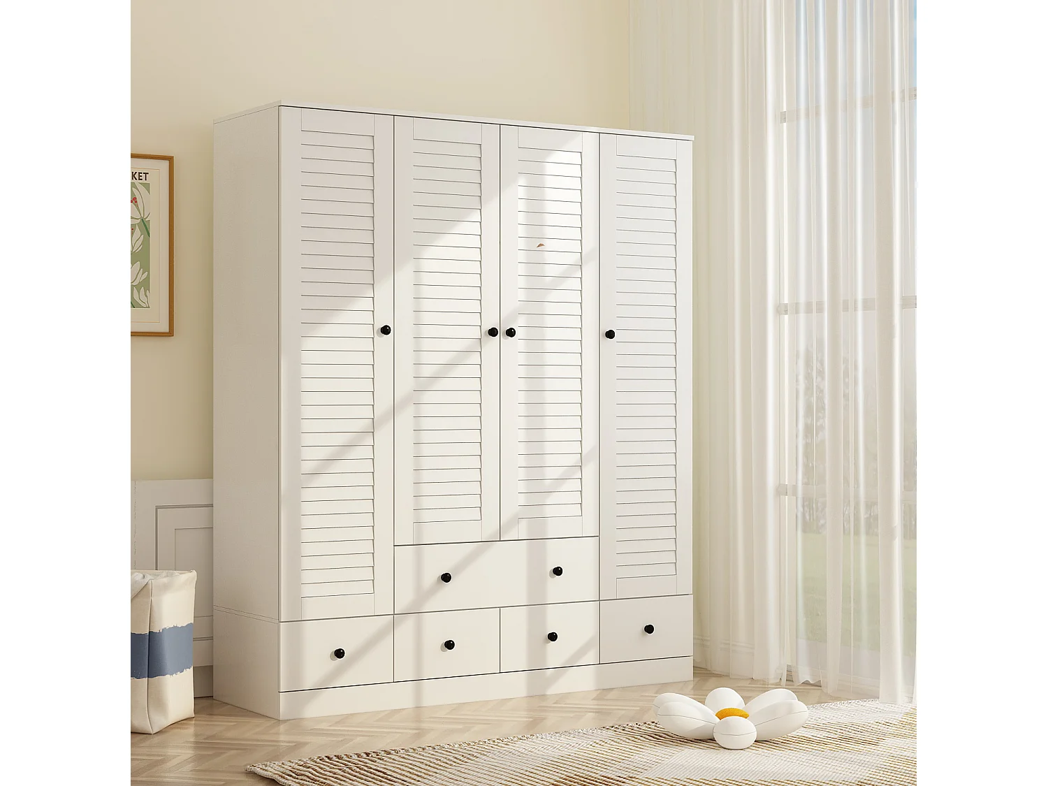 Armoire de Chambre avec 4 portes et 5 tiroirs - Penderie et Compartiments,  150x50x180, Blanc