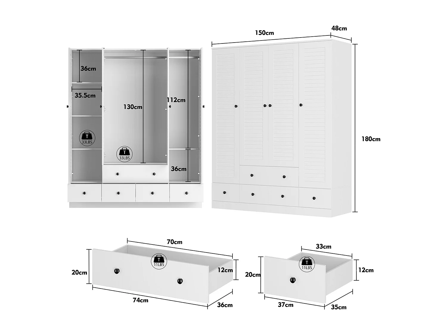 Armoire de Chambre avec 4 portes et 5 tiroirs - Penderie et Compartiments,  150x50x180, Blanc