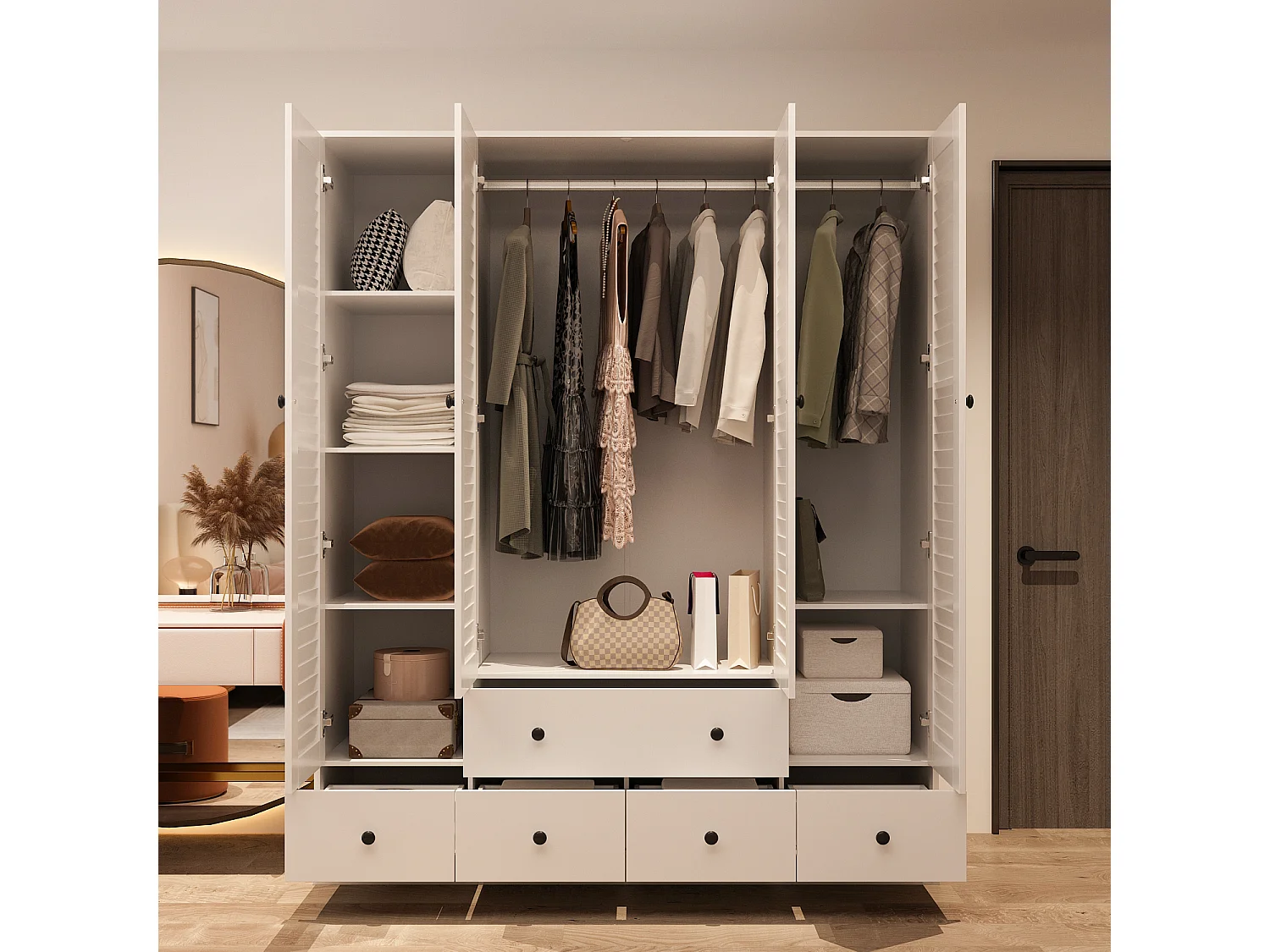 Armoire de Chambre avec 4 portes et 5 tiroirs - Penderie et Compartiments,  150x50x180, Blanc