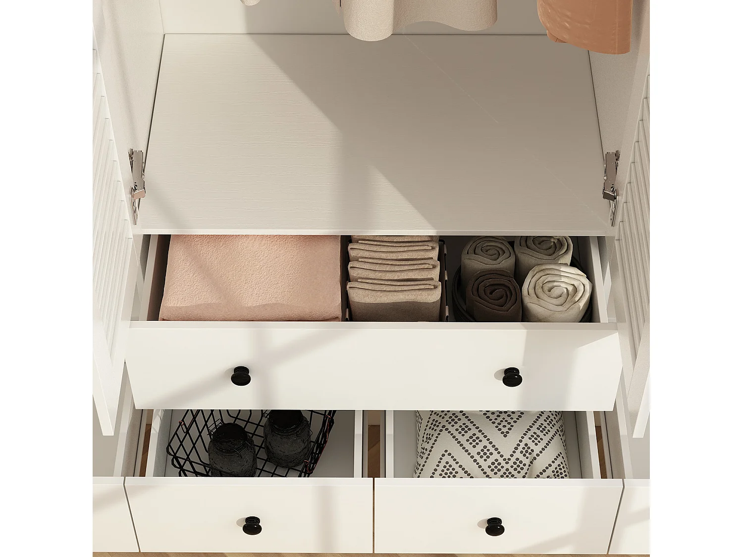 Armoire de Chambre avec 4 portes et 5 tiroirs - Penderie et Compartiments,  150x50x180, Blanc