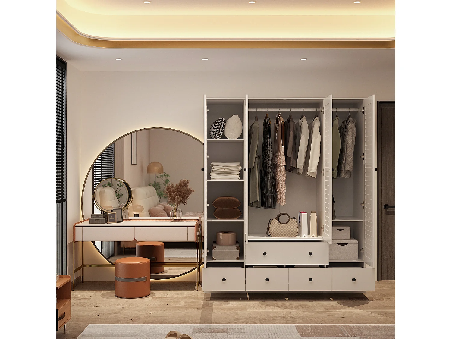Armoire de Chambre avec 4 portes et 5 tiroirs - Penderie et Compartiments,  150x50x180, Blanc