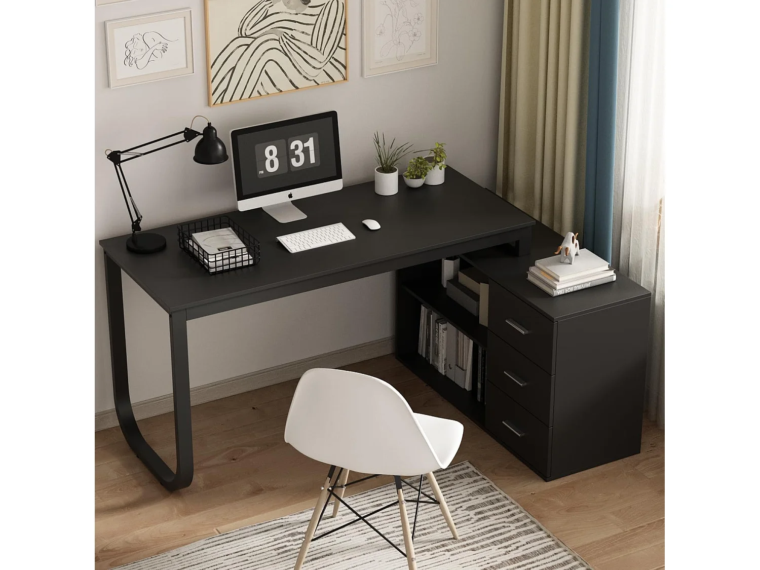 Bureau d'angle en forme de L Bureau informatique 2 étagères pieds en acier Noir 140x60x75cm