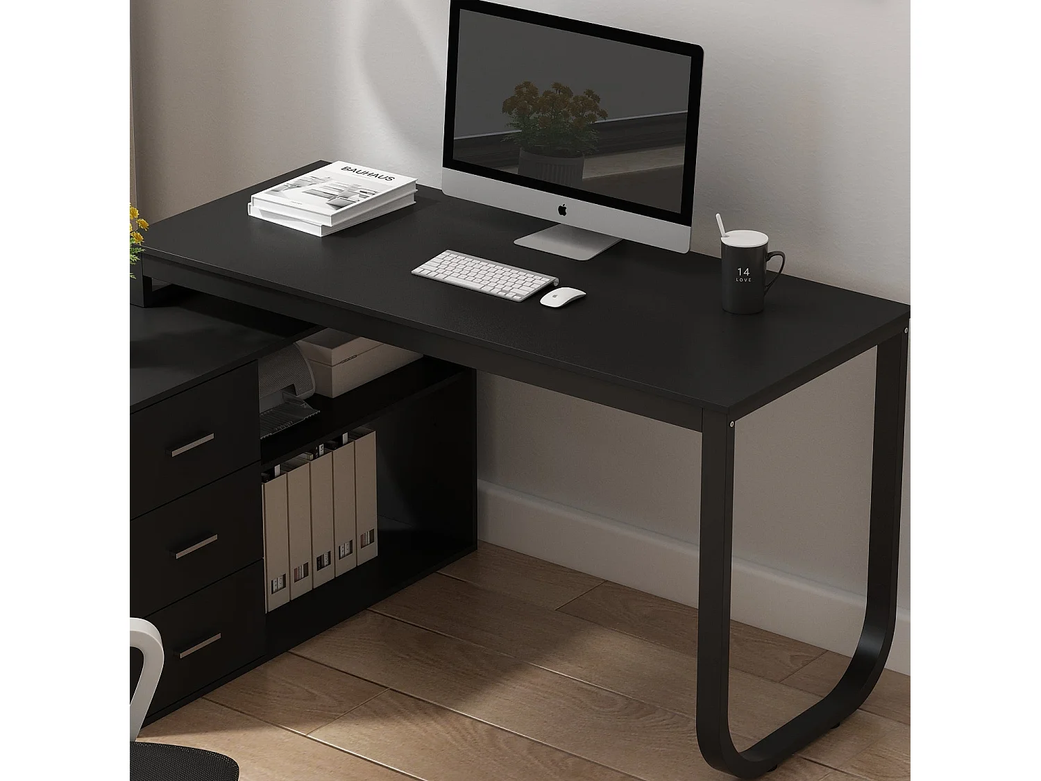 Bureau d'angle en forme de L Bureau informatique 2 étagères pieds en acier Noir 140x60x75cm