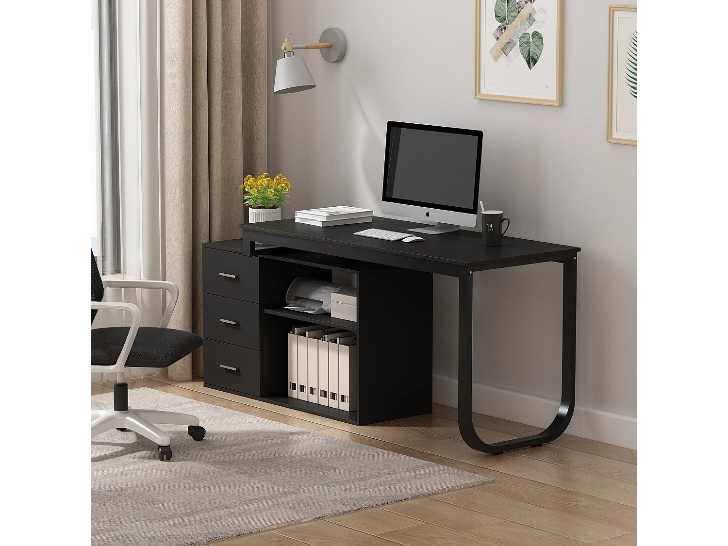 Bureau d'angle en forme de L Bureau informatique 2 étagères pieds en acier Noir 140x60x75cm
