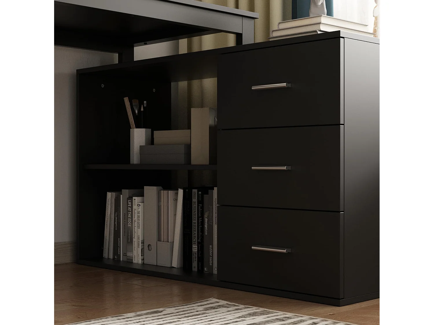 Bureau d'angle en forme de L Bureau informatique 2 étagères pieds en acier Noir 140x60x75cm