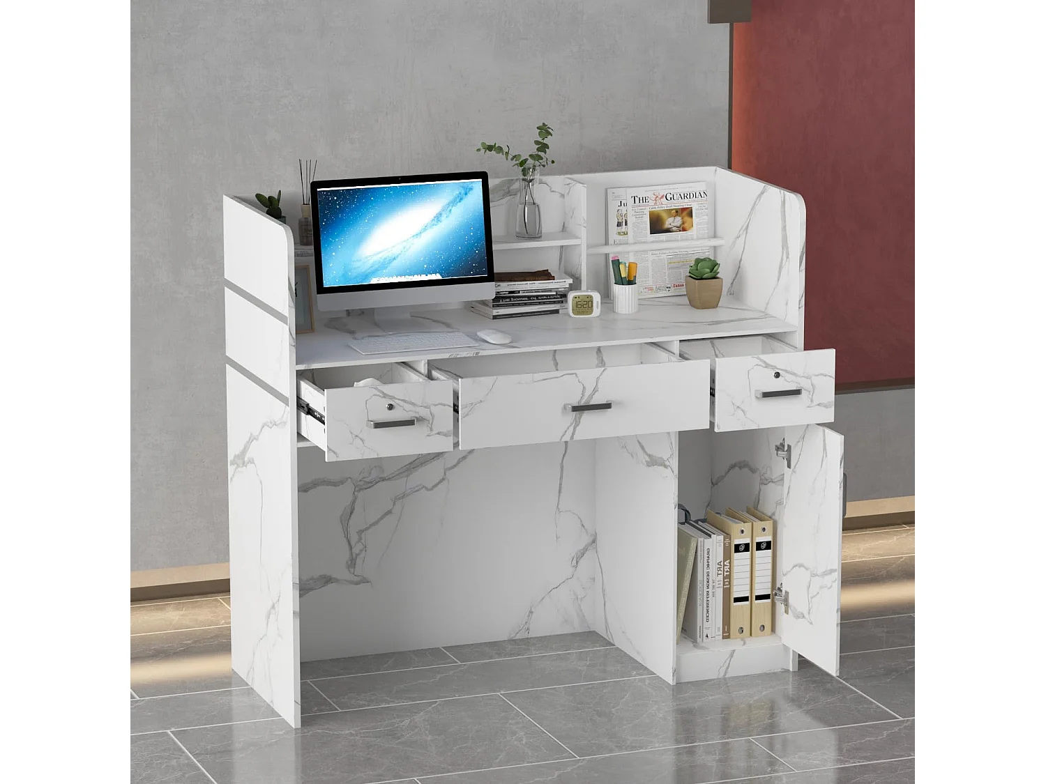 Receptiebalie met open vakken planken Afsluitbare lade Lounge Office 120x110x47cm Wit