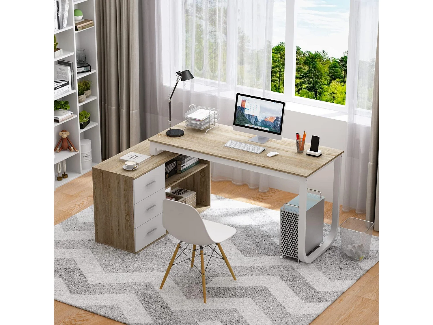 Bureau d'angle en forme de L Bureau informatique 2 étagères pieds en acier Bois&Blanc 140x60x75cm