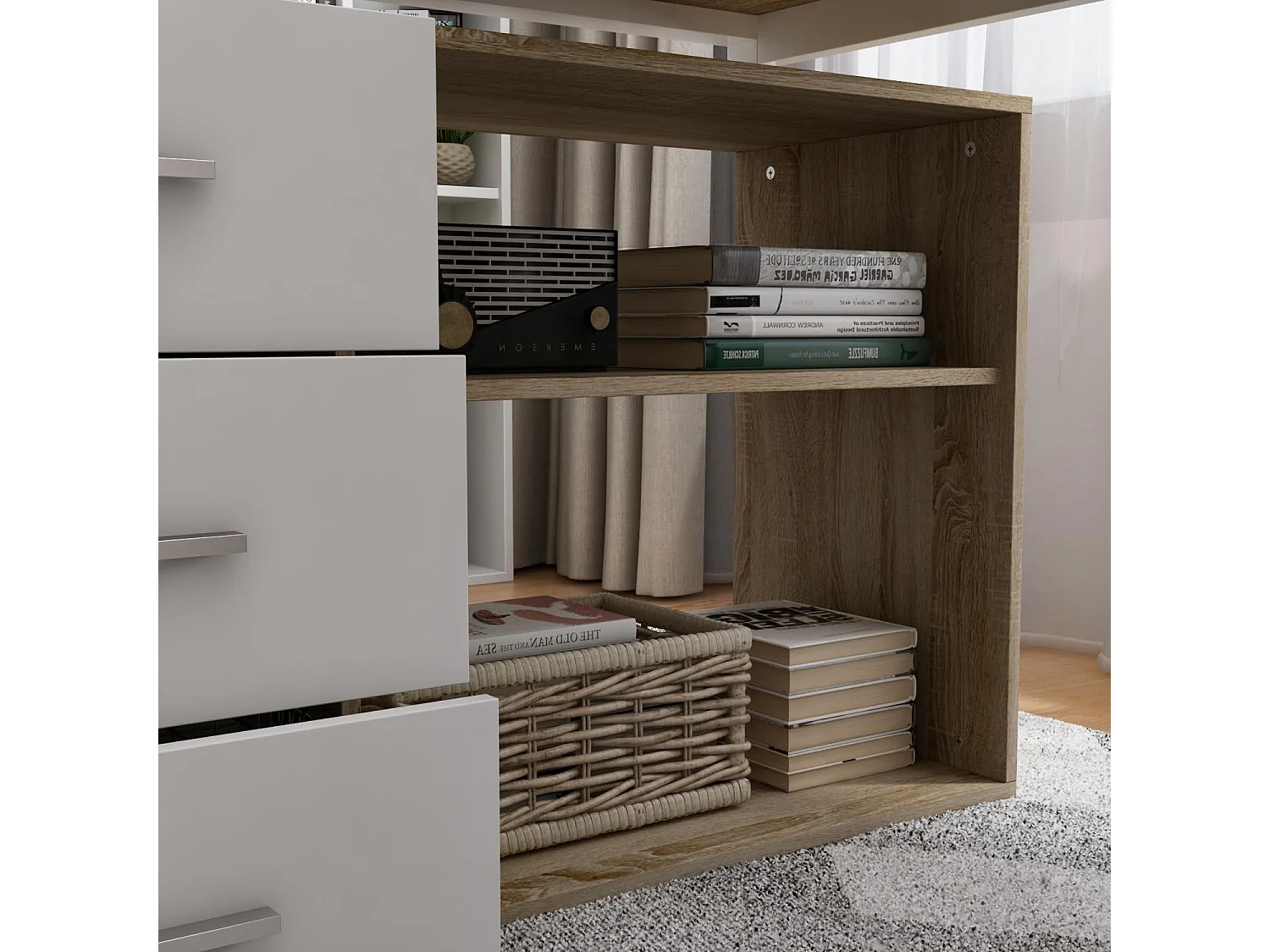 Bureau d'angle en forme de L Bureau informatique 2 étagères pieds en acier Bois&Blanc 140x60x75cm