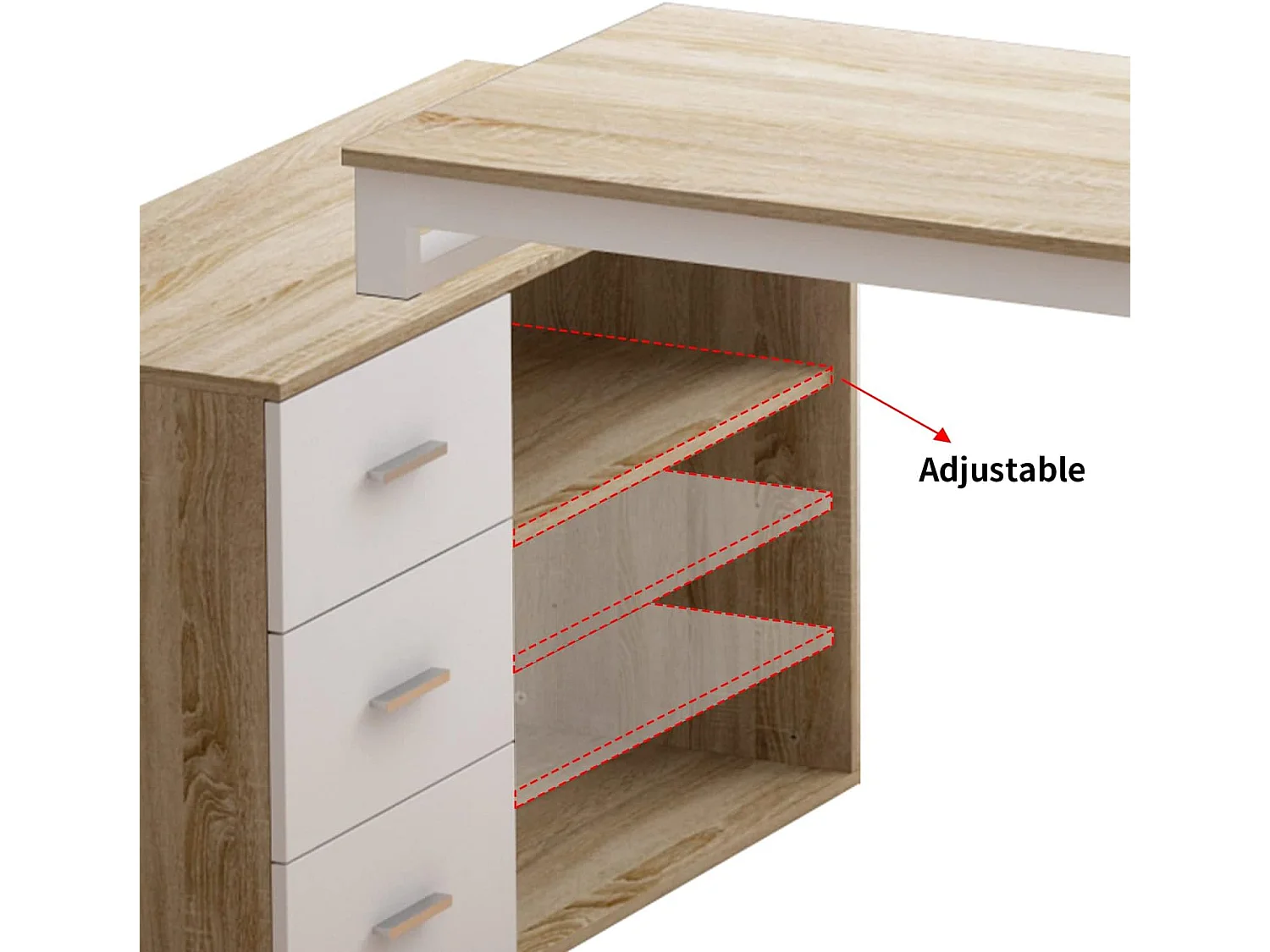Bureau d'angle en forme de L Bureau informatique 2 étagères pieds en acier Bois&Blanc 140x60x75cm