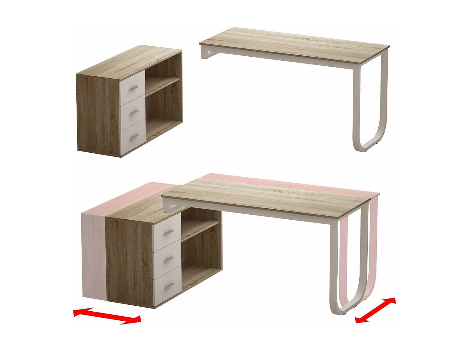 Bureau d'angle en forme de L Bureau informatique 2 étagères pieds en acier Bois&Blanc 140x60x75cm