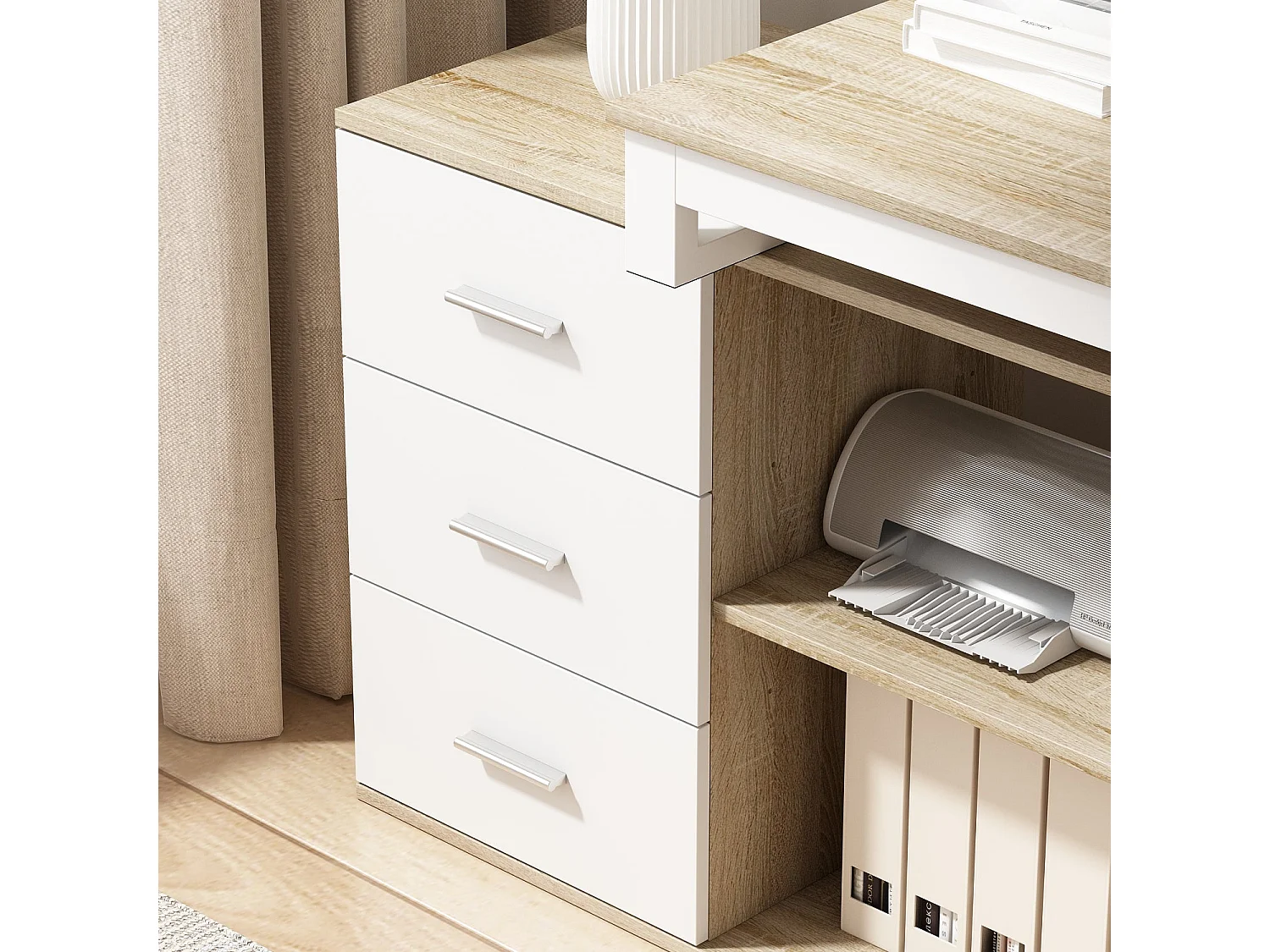 Bureau d'angle en forme de L Bureau informatique 2 étagères pieds en acier Bois&Blanc 140x60x75cm