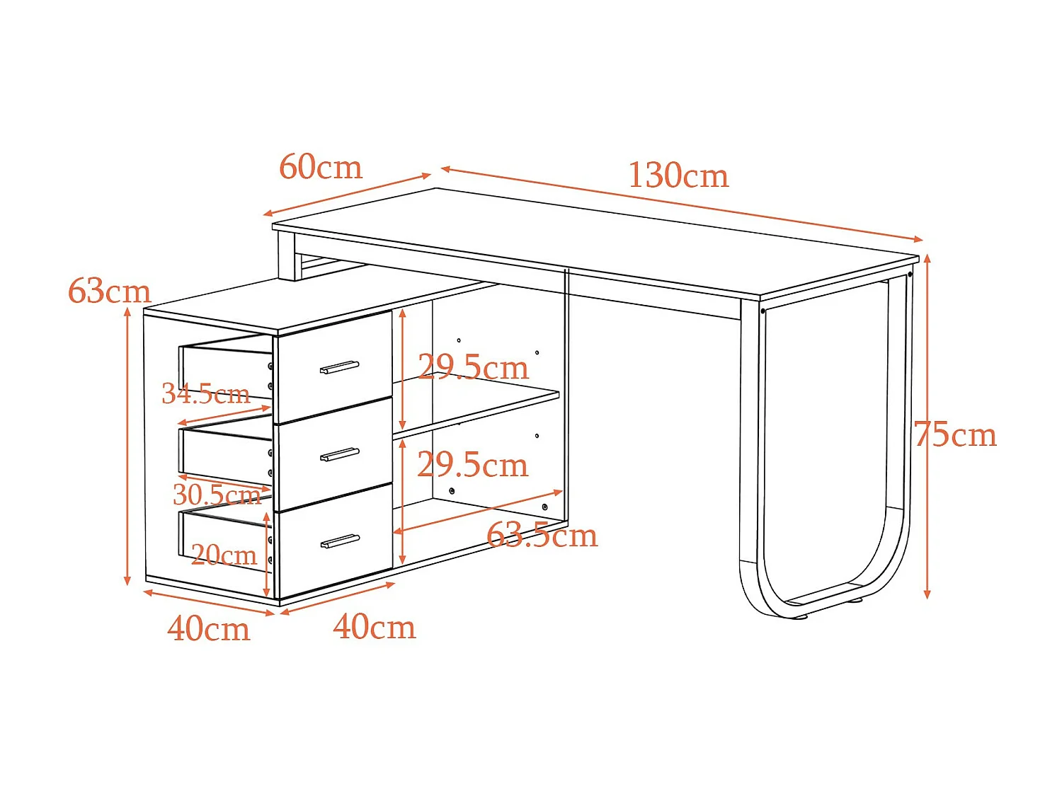 Bureau d'angle en forme de L Bureau informatique 2 étagères pieds en acier Bois&Blanc 140x60x75cm