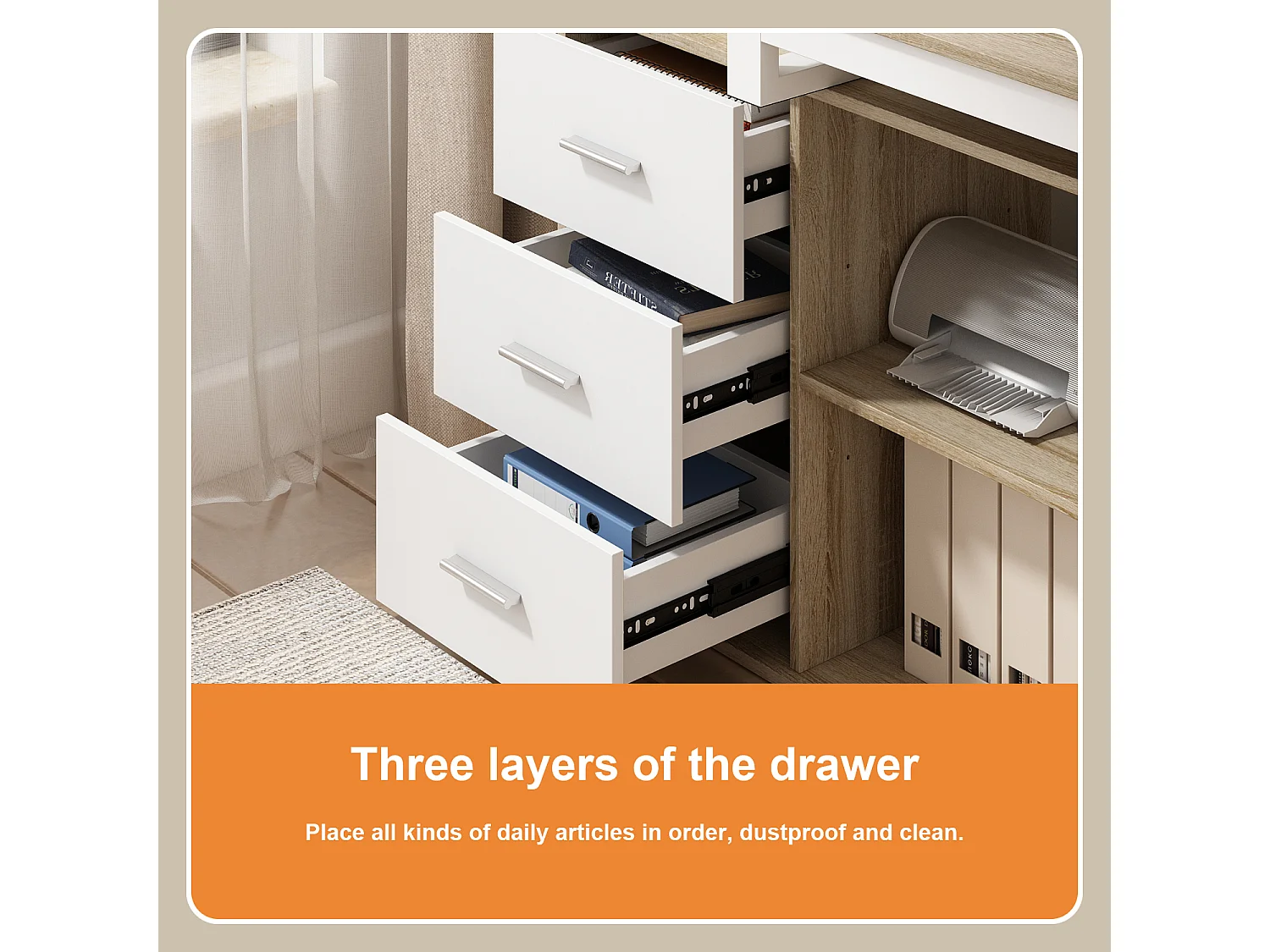 Bureau d'angle avec Rangement, Bureau informatique 2 étagères pieds en acier Bois&Blanc 130x57x75cm