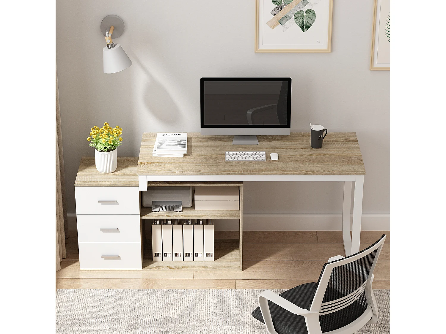 Bureau d'angle avec Rangement, Bureau informatique 2 étagères pieds en acier Bois&Blanc 130x57x75cm