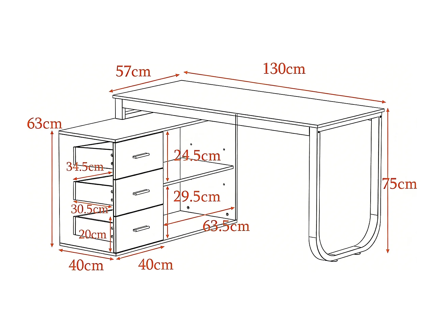 Bureau d'angle avec Rangement, Bureau informatique 2 étagères pieds en acier Bois&Blanc 130x57x75cm