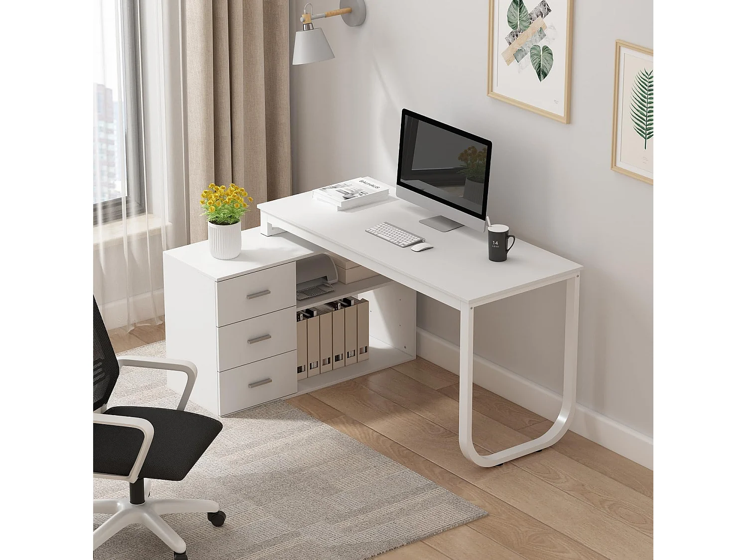 Bureau d'angle en Forme de L Bureau informatique 2 étagères pieds en acier Blanc 140x60x75cm